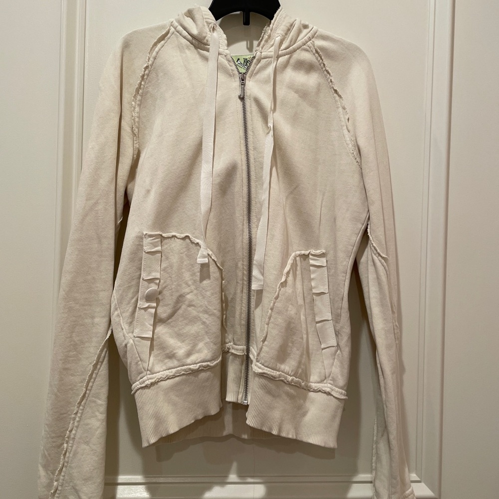 Womens Juicy Couture Zip Up Hoodie Off White Ivory Ribbon Details Large L